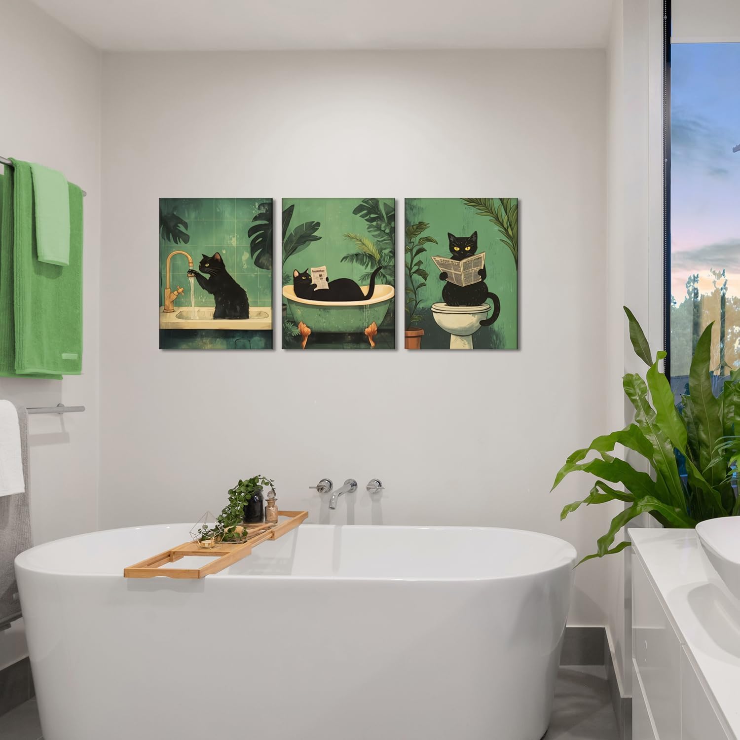 DAMAIART Divertente set di 3 quadri da parete per bagno con gatti neri, stampe su tela con animali stravaganti per decorare le pareti del bagno (50x70cmx3/senza cornice)