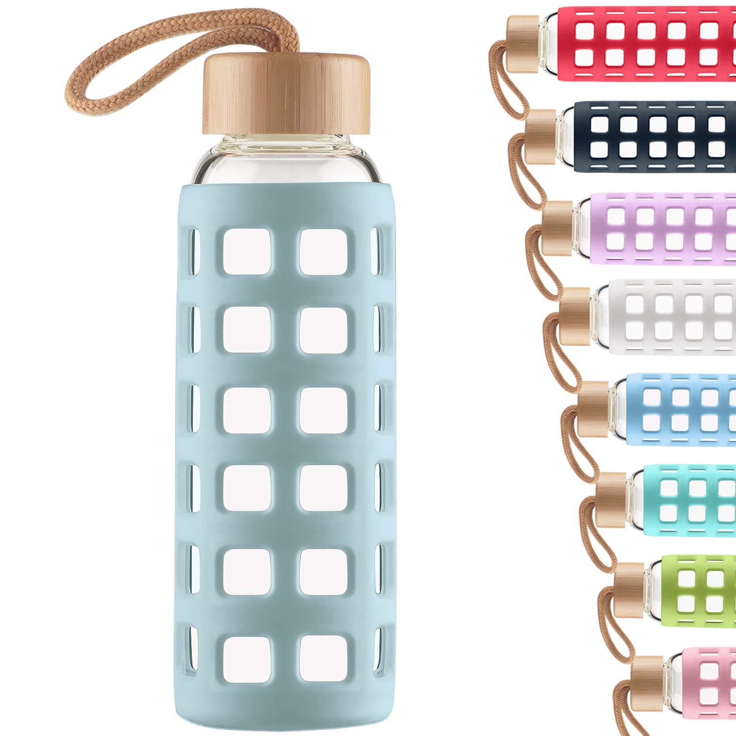 Cleesmil Sports Glass Water Bottle with Silicone Sleeve with Bamboo Lid BPA Free 360 ml (Light Blue)