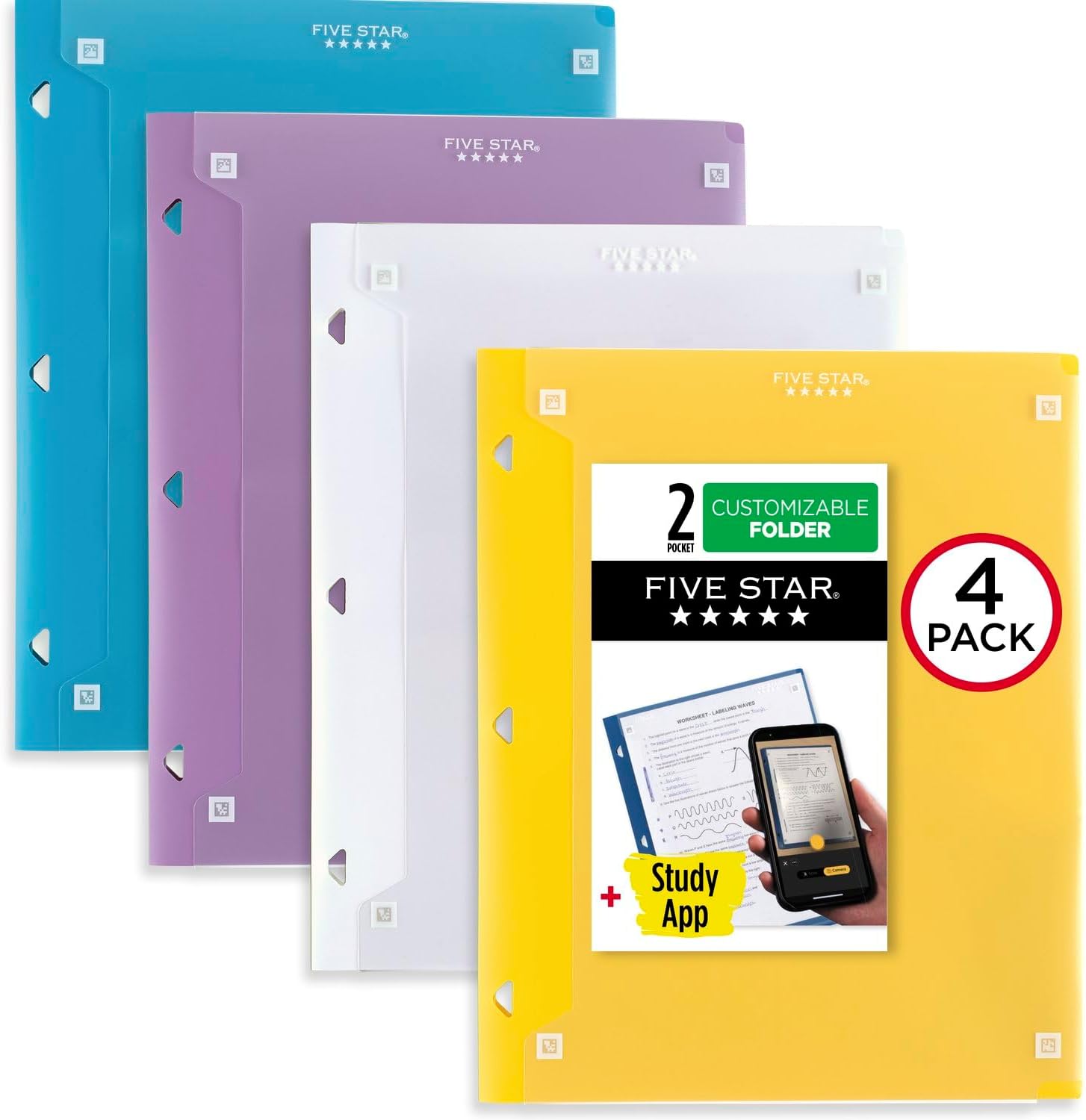 Five Star Pocket Folder + Study App, 4 Pack, 2 Pocket Folder, Customizable Cover, Fits 3 Ring Binder, White, Amethyst Purple, Harvest Yellow, Tidewater Blue (330092B-ECM)