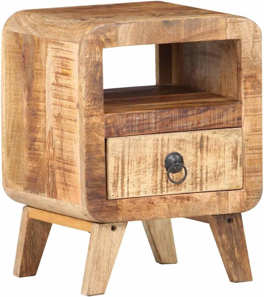 Solid Mango Wood Bedside Cabinet 11.8x11.8x16.1 in Nightstand Side Table with Drawer Rustic Finish Handcrafted Furniture for Bedroom Living Room Storage