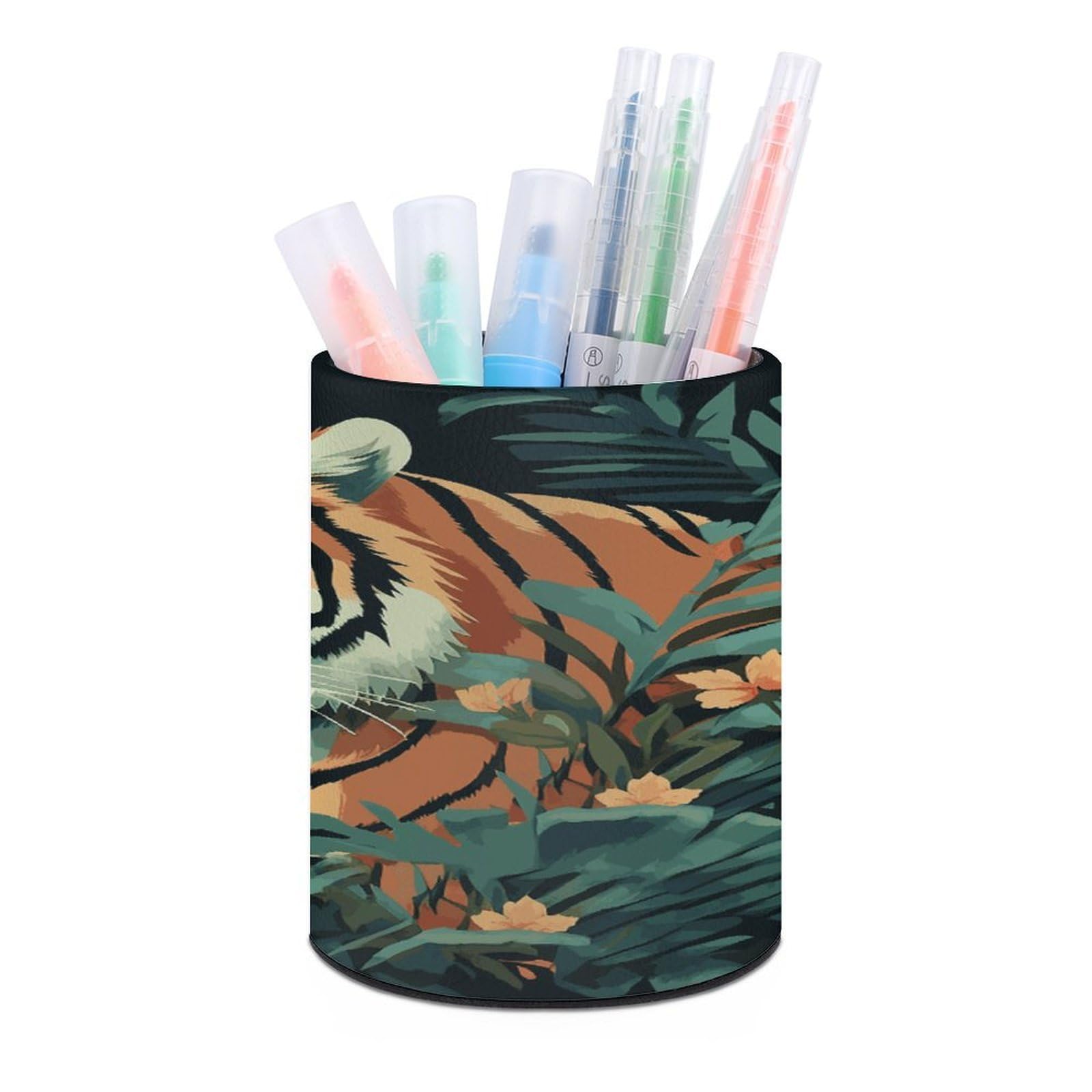 JTREHY Butterfly And Tiger Pen Holder Round Pen Pencil Holder Makeup Brush Holders Cup PU Leather Pencil Cups Desktop Caddy Stationery Organizer Case Office Accessories Container Box