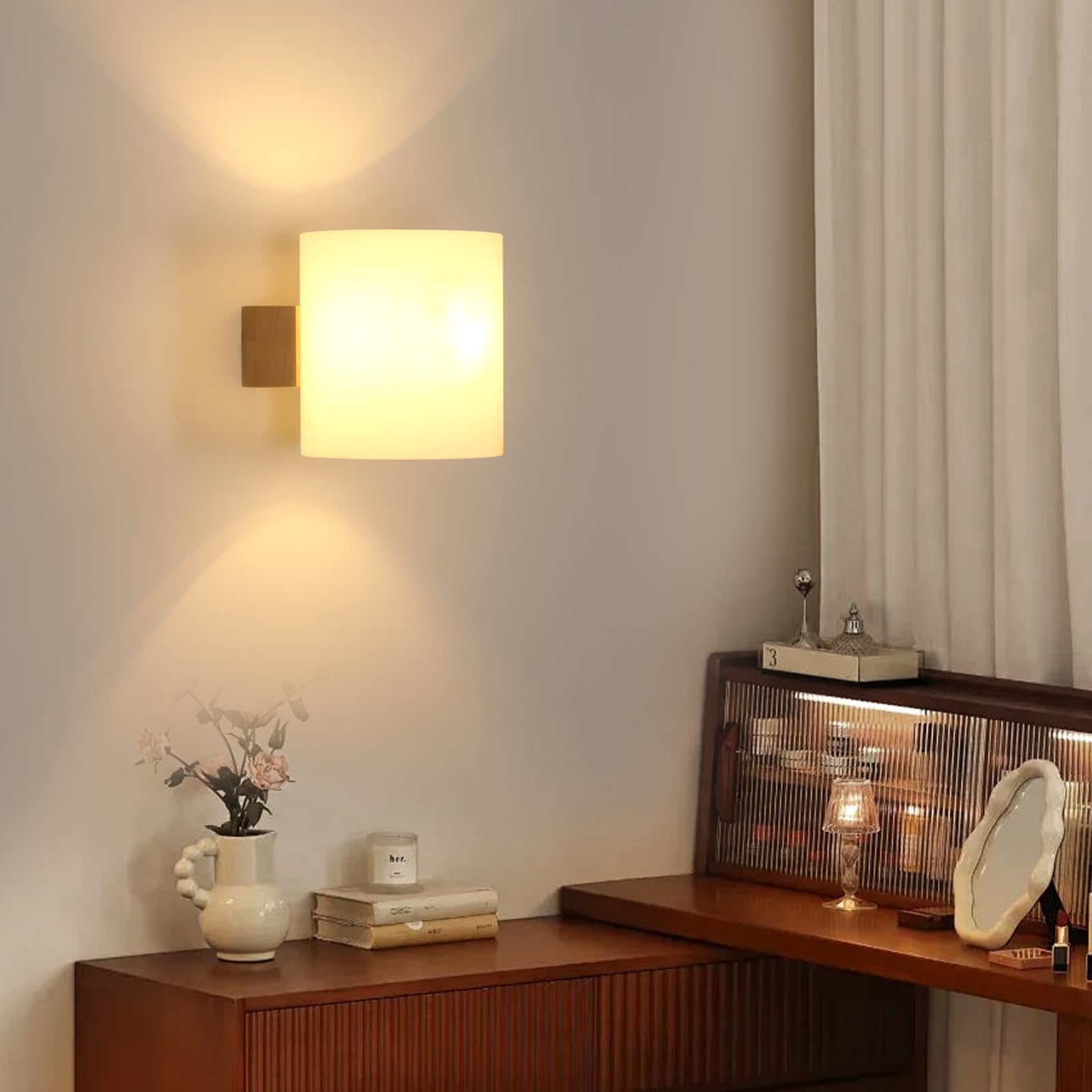 Comely Applique Murale Intérieure Bois 2 Pièces Lampe Murale E27 Rétro en Verre Lampe de Chevet pour Chambre Salon