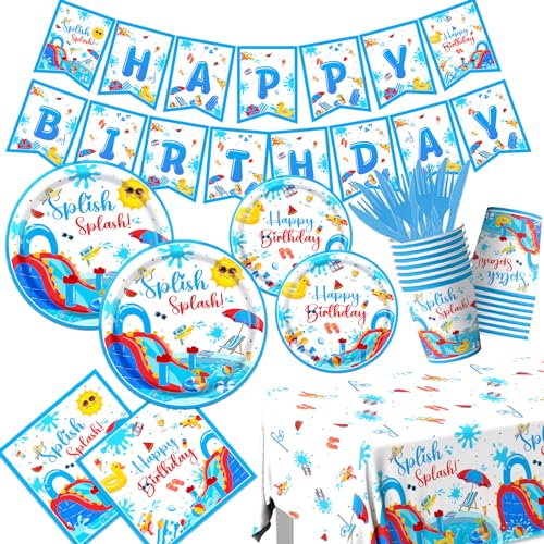 Splish Splash Birthday Decorations Tableware, 142 Pcs Summer Birthday Party Decorations includes Water Slide Party Decorations Plates and Napkins for Waterslide Party Decorations Pool Birthday Party