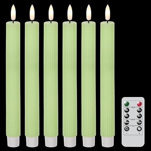 DRomance Velas cónicas parpadeantes verdes sin llama que funcionan con pilas con control remoto de 10 teclas y temporizador, 6 paquetes de velas LED