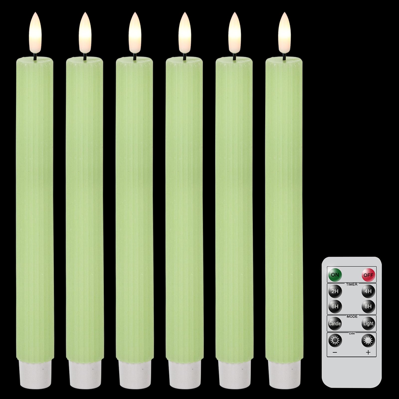 DRomance Green Flameless Flickering Taper Candles Battery Operated with 10-Key Remote and Timer 6 Packs 3D Wick Vertical Stripe Real Wax LED Taper Candles Spring Dinner Holiday Decor(0.78 x 9.64 Inch)