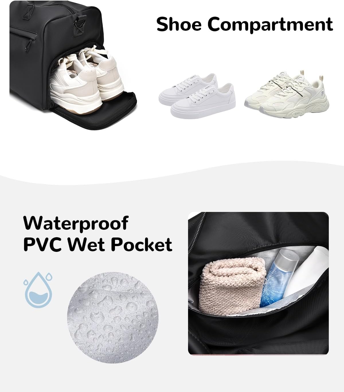 18L Waterproof Gym Duffel Bag with Shoe Compartment & Wet Pocket for Men Women, Small Personal Item Travel Bag, Black - Image 3