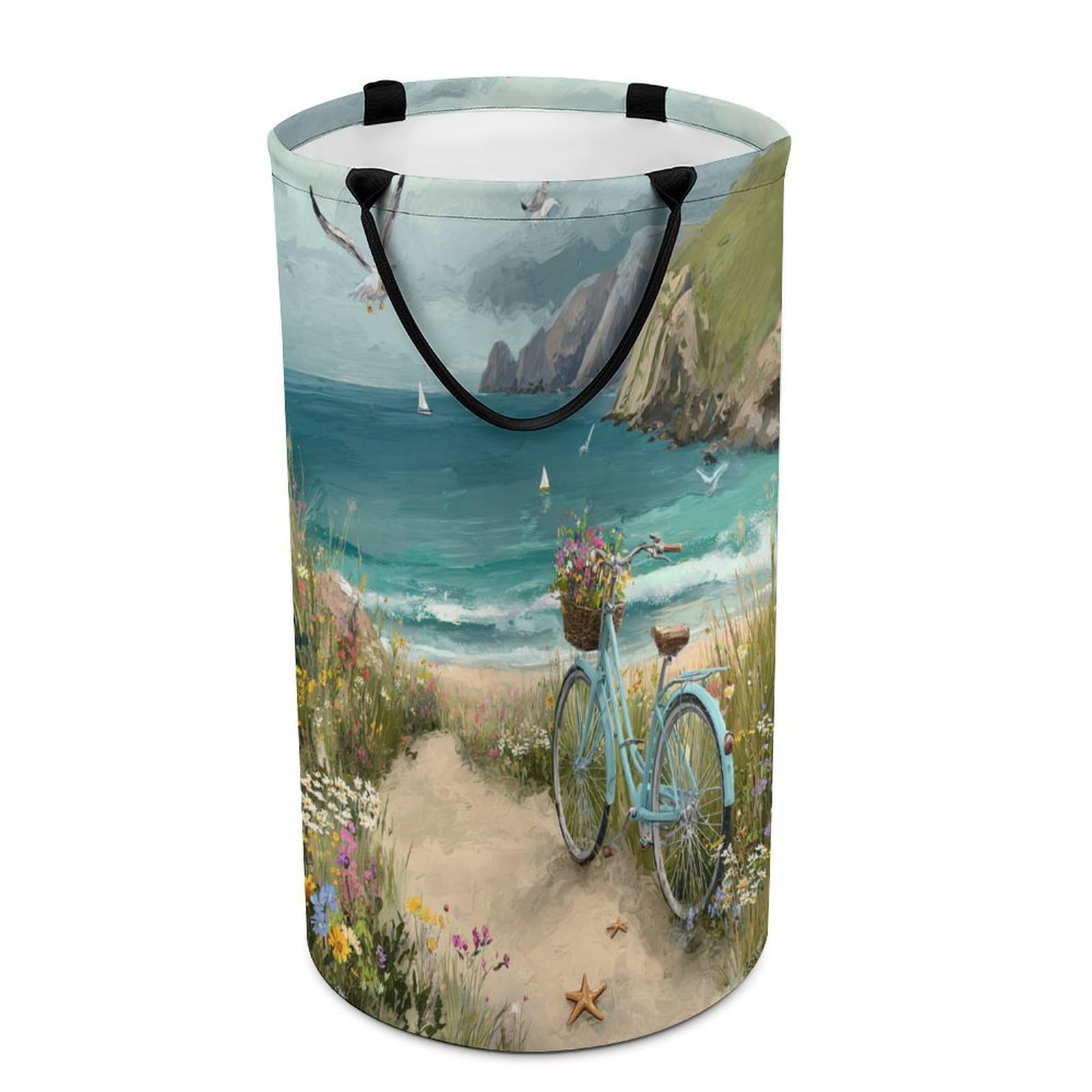 LUYYSKY Rustic Watercolor Coastal Beach Versatile Storage Laundry Basket, Nautical Realistic Ocean Landscape Animal Seagull Bicycle Large Capacity Bathroom Hamper With Handle