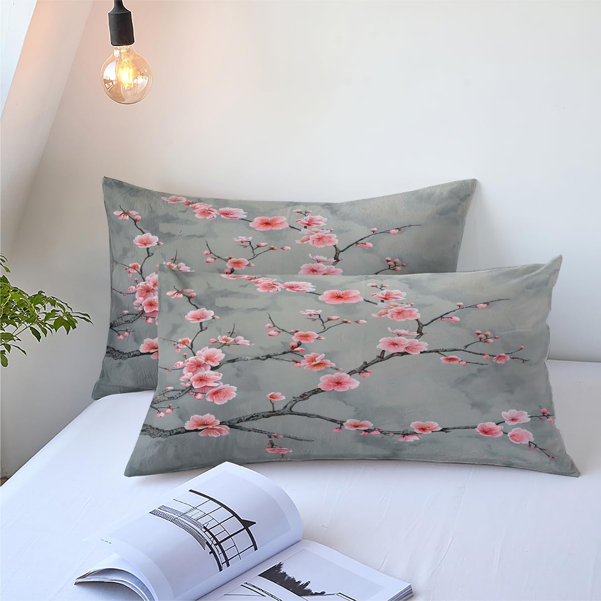 Grey Pink Cherry Blossom Duvet Cover Queen Size Japanese Cherry Blossoms Duvet Cover Set Vintage Floral Bedding Set Soft Microfiber Comforter Cover(2 Pillowcases, No Comforter)