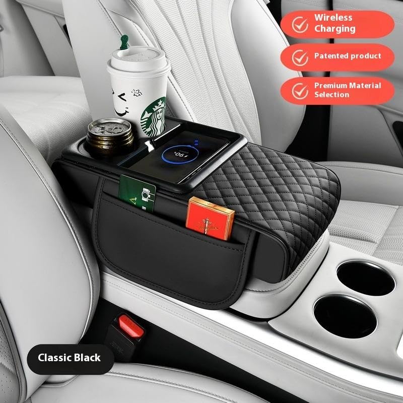 Image of NEEPRA Leather Car Armrest Cover Cushion with Dual Cup Holder & Wireless Charging Tray, Universal Center Console Arm Rest Organizer, PU Leather Hand Rest for Cars, SUVs & Trucks, Black & Red | Wireless Charging Tray