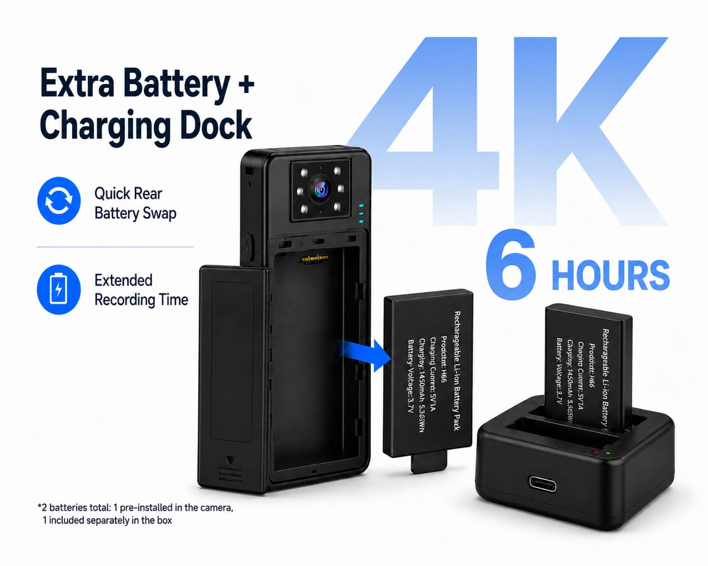 4K Bodycam Körperkamera Mini mit Audio und Video, 180° Drehbares Objektiv, Nachtsicht, Bewegungserkennung, SOS Alarm, 64GB Speicherkarte, Dual Akku & Ladestation für Sicherheit Outdoor Reisen