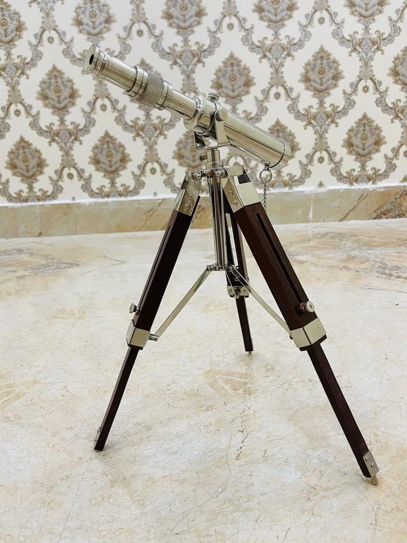 Nautical 9 Brass Chrome Finish Working Telescope with Wooden Adjustable Tripod Stand.