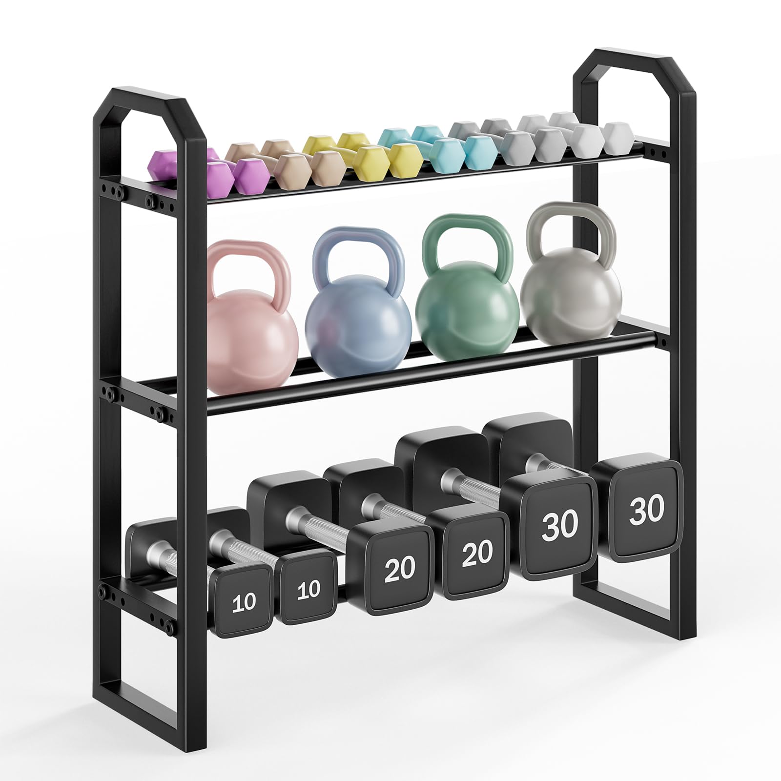 Soporte Mancuernas 3 Niveles, Estantería de Almacenamiento de Pesas Estructura en H 360 LB, Organizador de Metal con 3 NivelesAjustables, Revestimiento en Polvo para Gimnasio en Casa