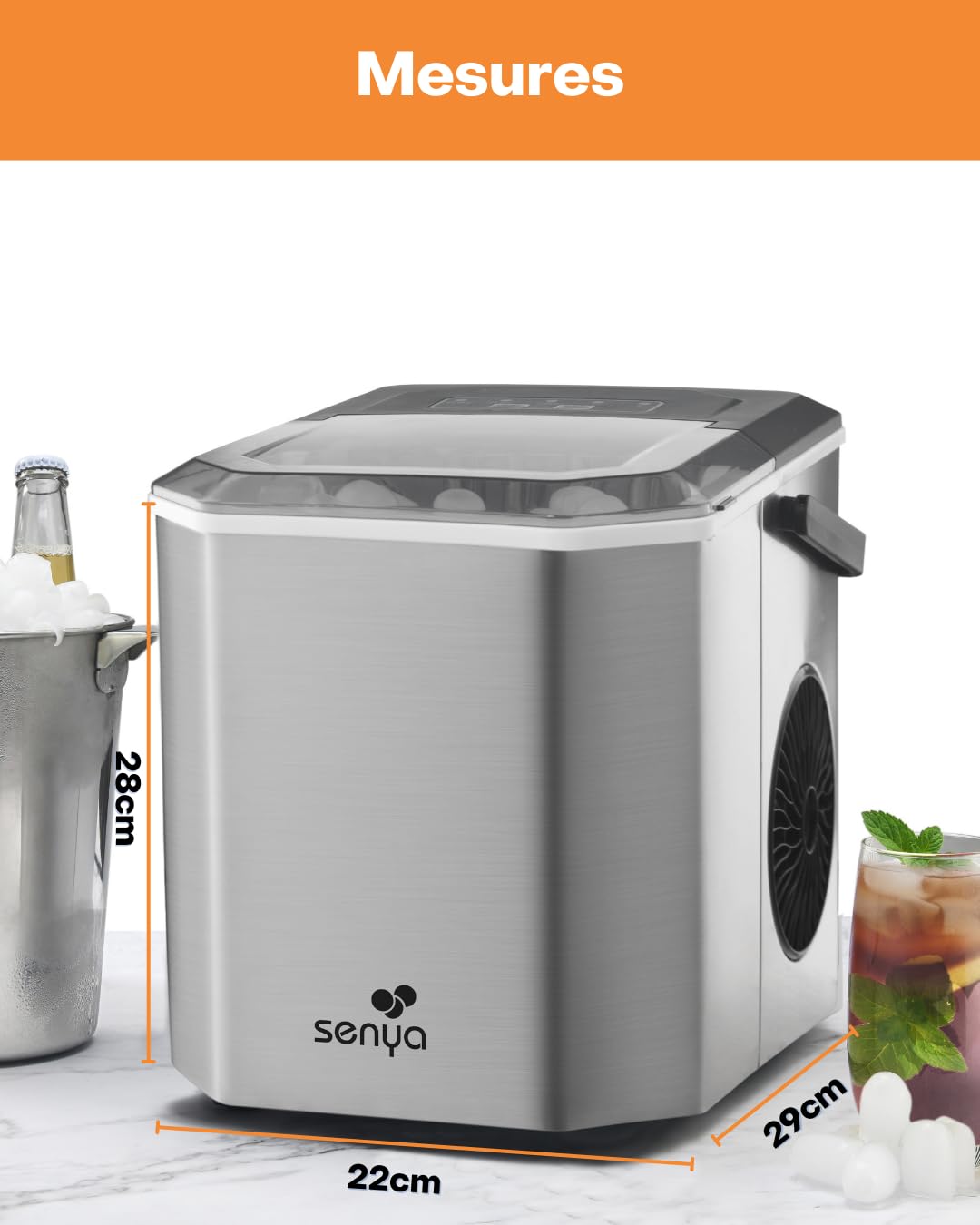 SENYA Macchina per cubetti di ghiaccio, 2 dimensioni di ghiaccio, fino a 12 kg in 24 ore, serbatoio 1,3 l, schermo a LED, rilevamento a infrarossi, acciaio inossidabile