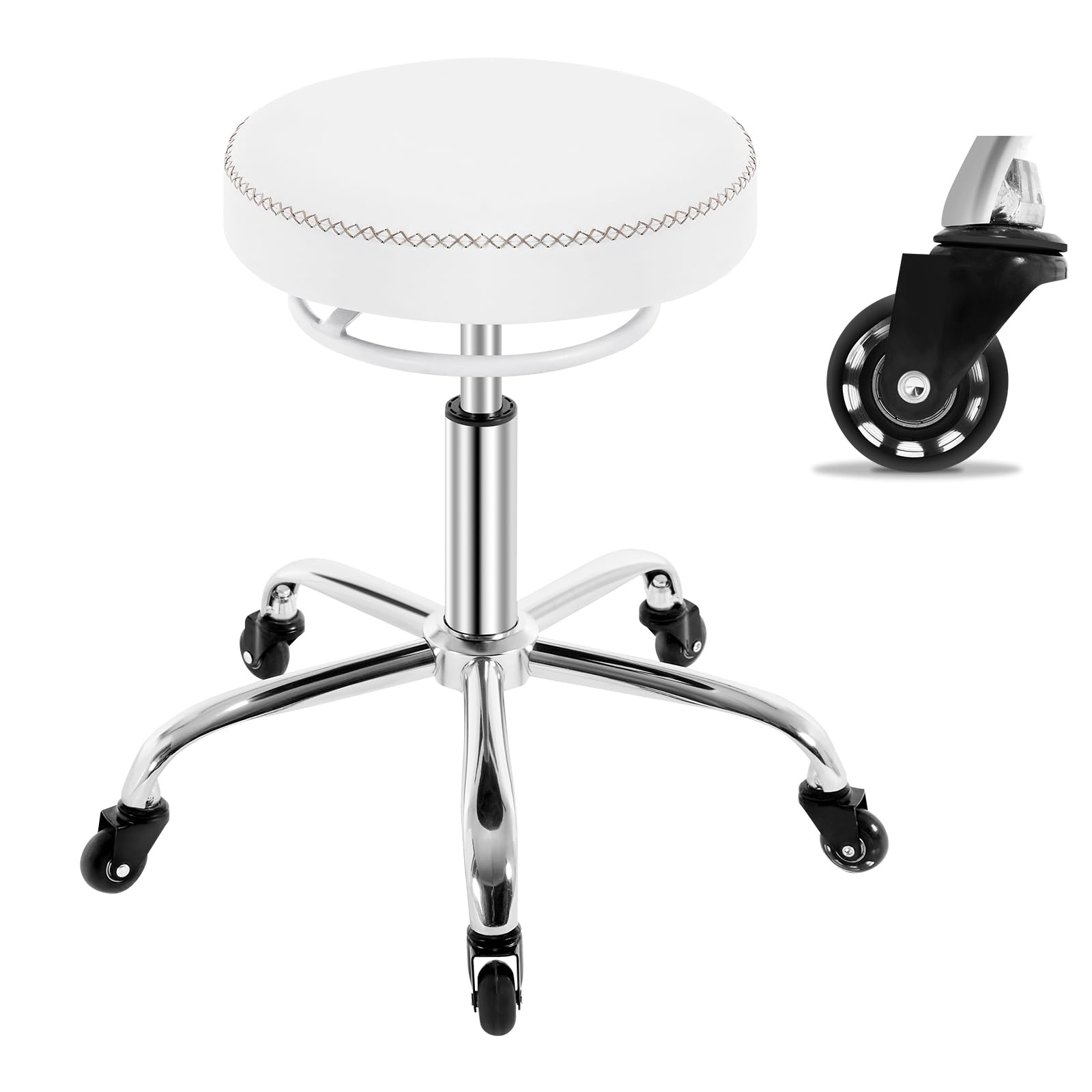 WOLTU Taburete con Ruedas, Taburete Oficina de PU, Silla de Trabajo, Altura Ajustable, Silla Giratoria para Masajes, Oficina, Clínica y Laboratorio, Blanco, BS180ws