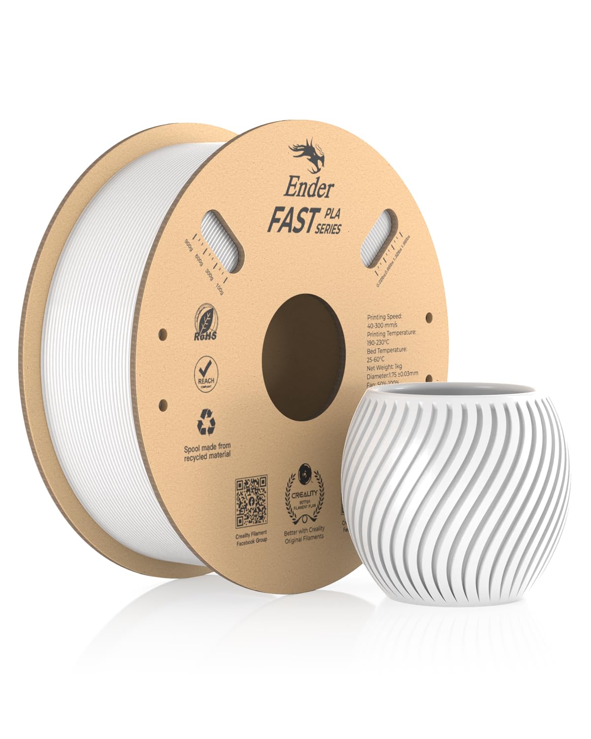 Creality Ender Fast PLA Filamento da 1,75 mm, filamento per stampante 3D ad alta velocità fino a 300 mm/s, bobina di cartone riciclabile, adatta alla maggior parte delle stampanti 3D FDM fino a 1 kg