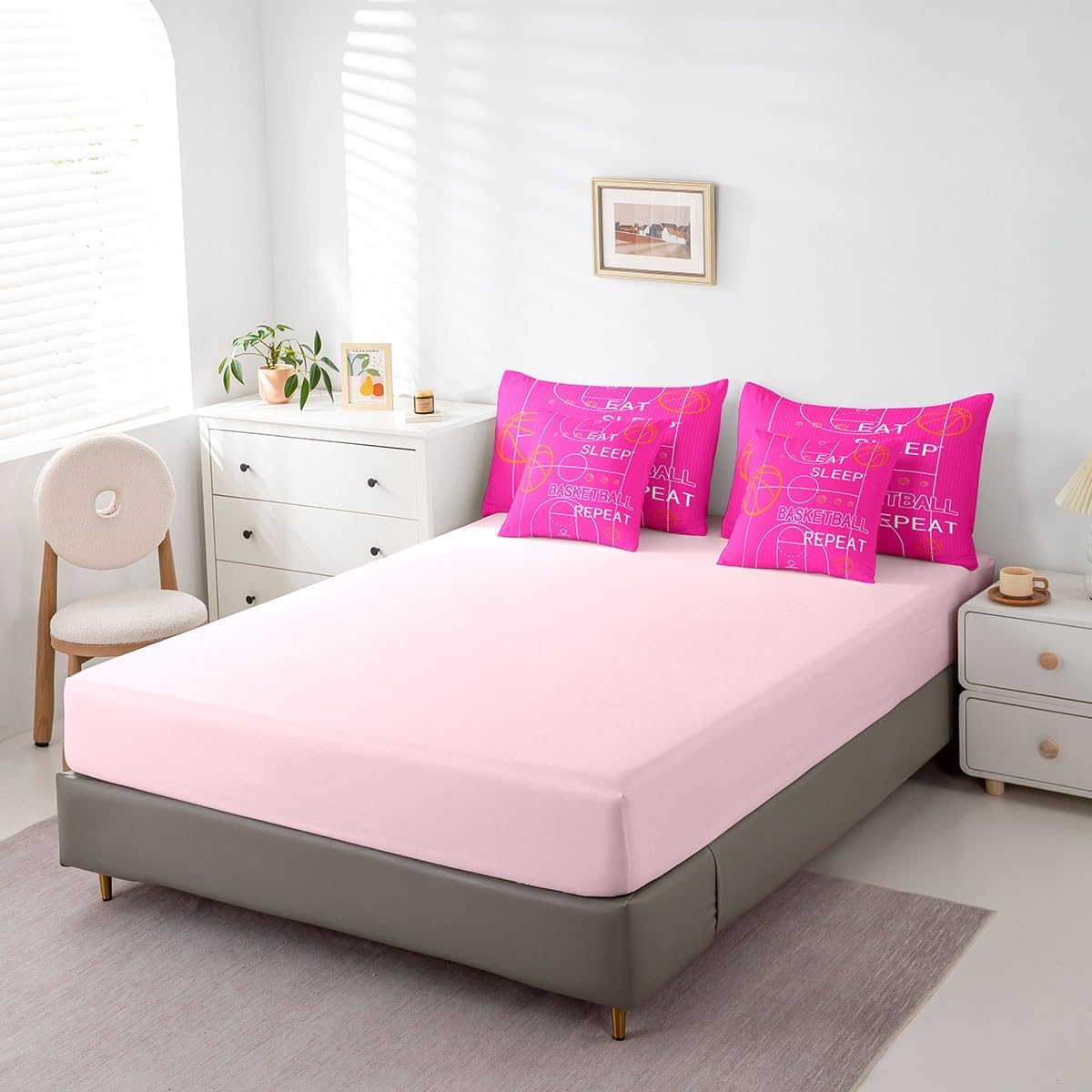 jejeloiu Basketball Comforter Full 7 Pcs Basketball Court Bedding Set Kids Eat Sleep Basketball Ball Pattern Gaming Sports Theme Pink Bed in a Bag with Comforter, Sheets, Pillowcases & Cushion Cover