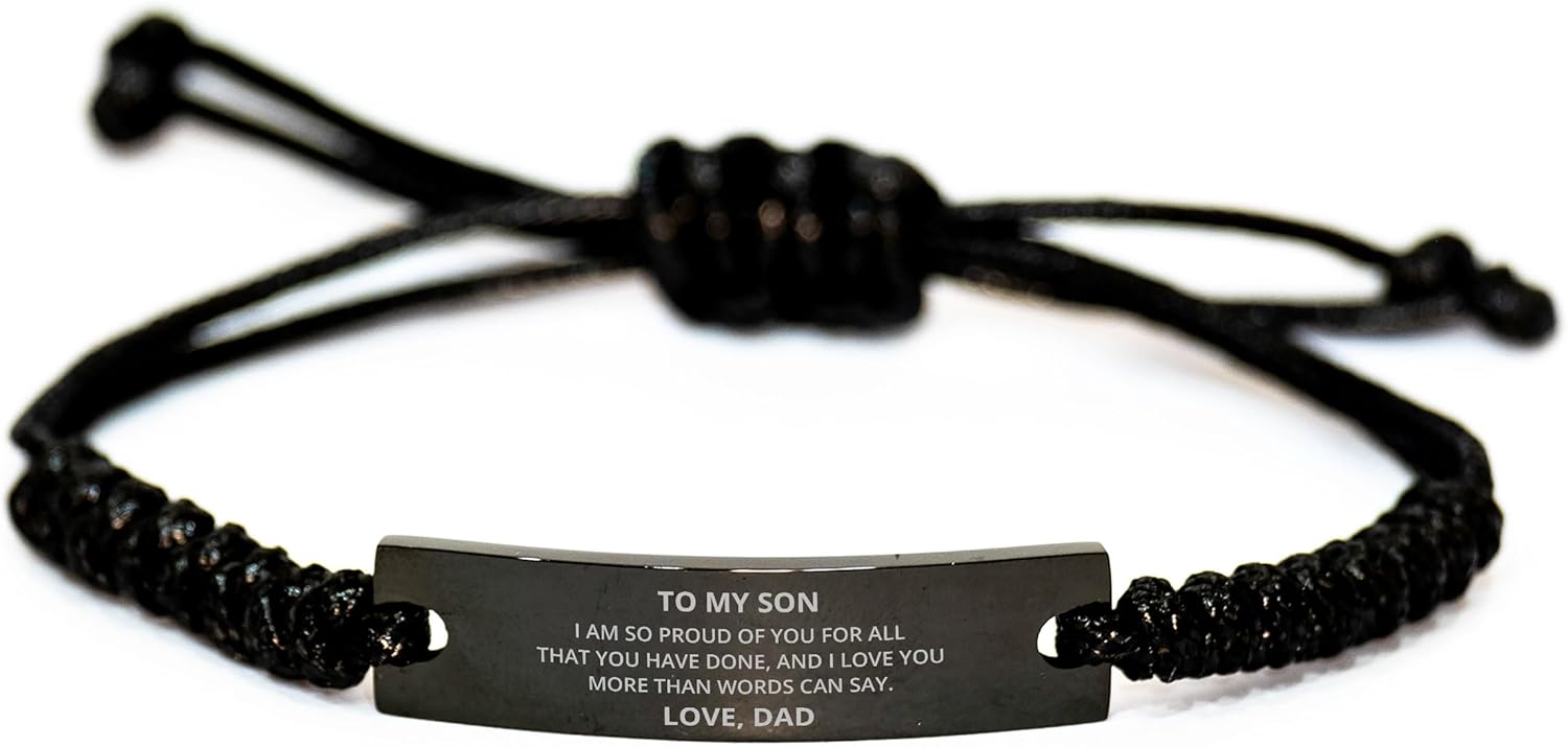 DARIN GIFT To My Son Black Rope Bracelet Gifts From Dad - I Am So Proud Of You For All That You Have Done - Inspirational Graduation Christmas Birthday Gifts For Men Him, Engraved