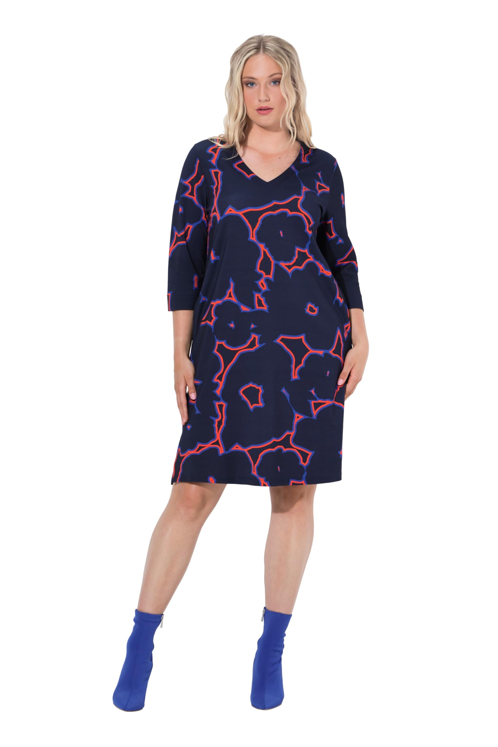 Ulla Popken Damen große Größen Übergrößen Plus Size Punto-Kleid, Blüten, V-Ausschnitt, 3/4-Arm, Taschen 842995