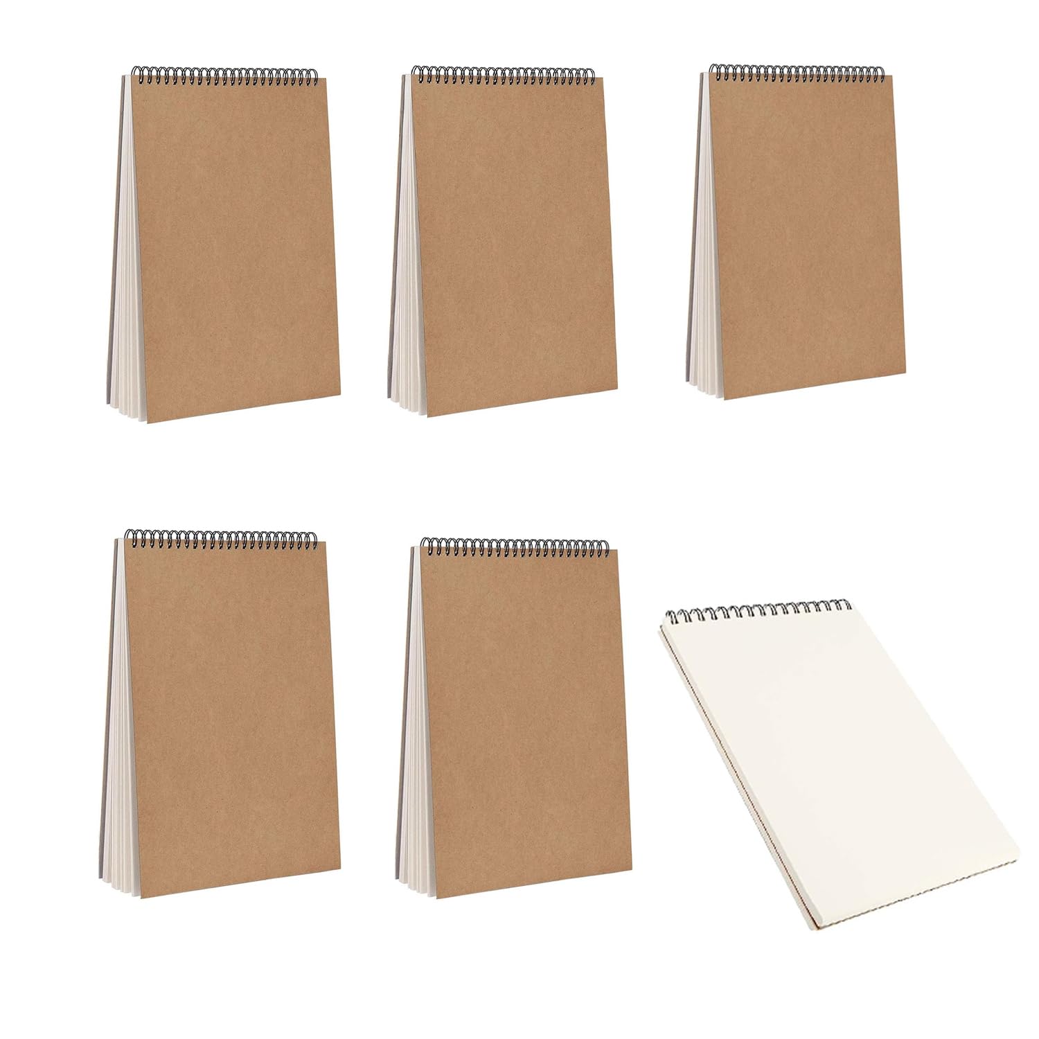 HULUM Kraft Cover Notebook,60 Sheets Top Spiral Bound Sketch Notebooks, Cardboard Cover Sketch Pad for Animation, Sketching, Drawing, Doodling and Journaling (5 Pack,A6(148 mm × 105 mm))