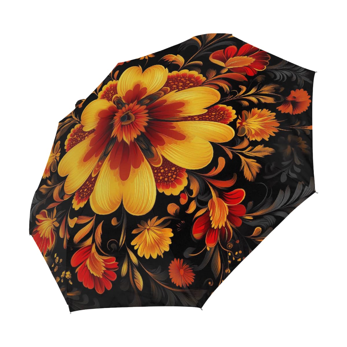 Ombrello pieghevole con motivo floreale russo ombrello da viaggio compatto antivento impermeabile con protezione UV rivestimento nero leggero 8 coste portatile per pioggia sole