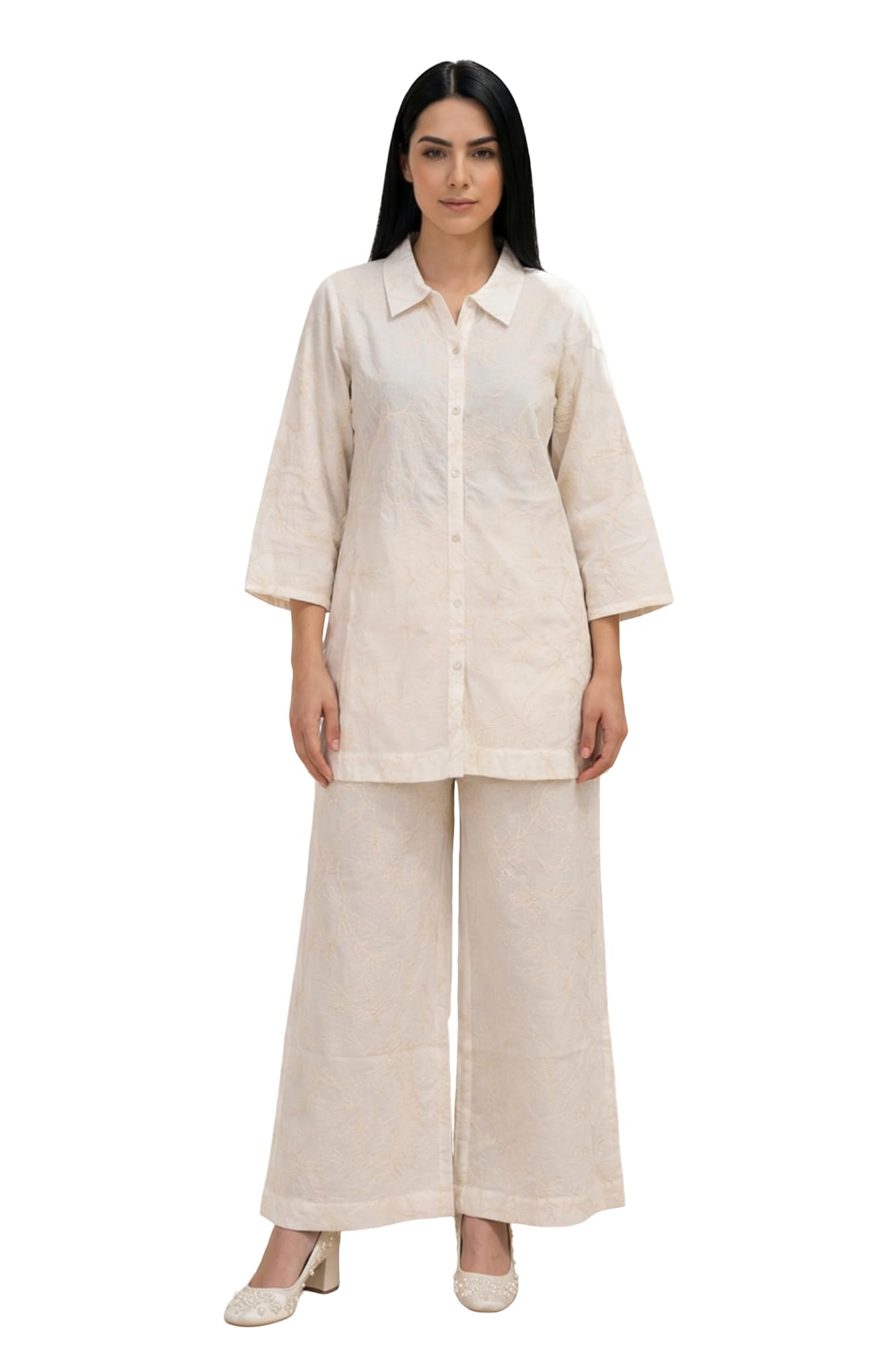 Thread Embroidered Pure Cotton Straight Shirt and Parallel Pants Co-ord Set-image-11