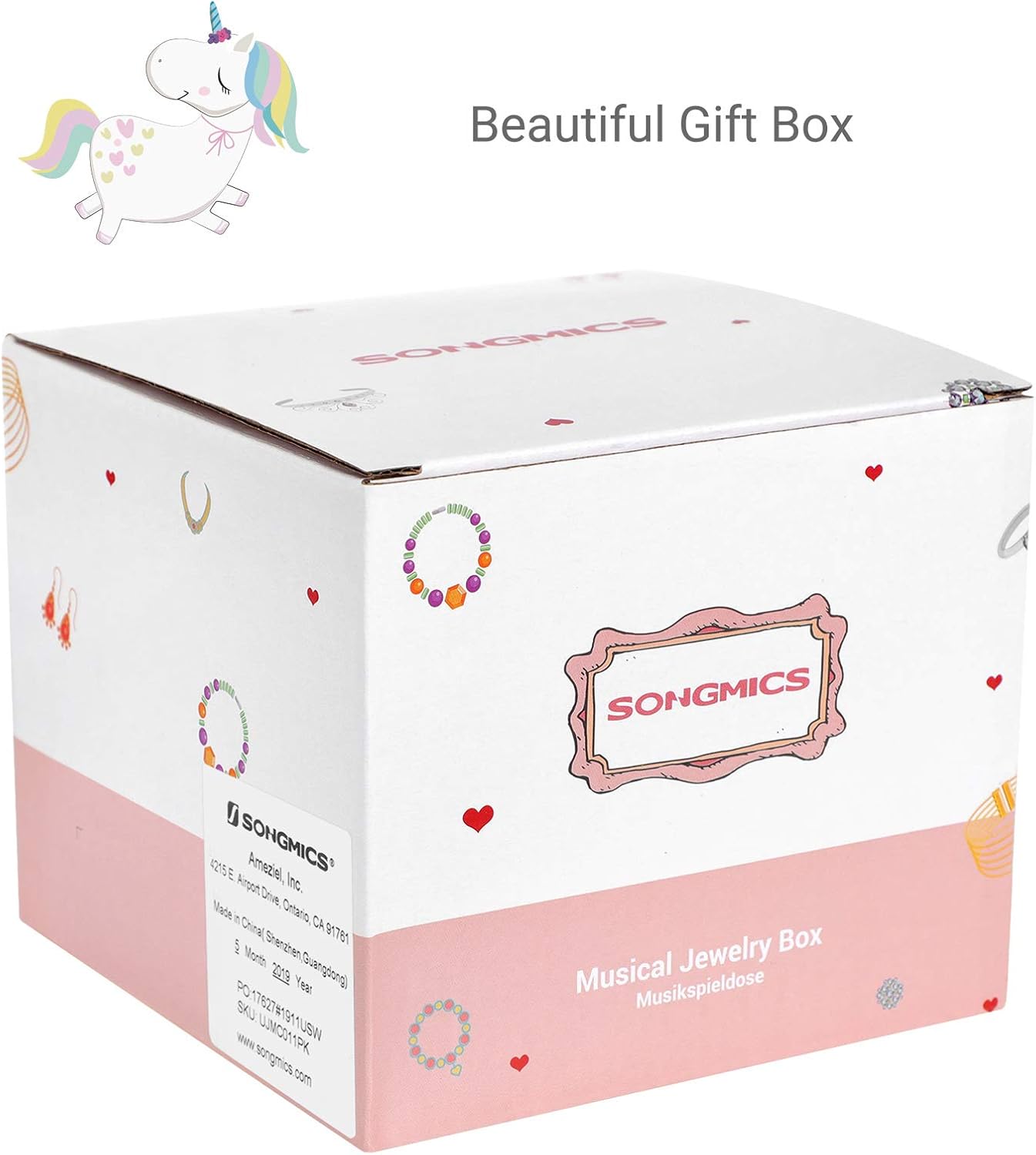 SONGMICS Ballerina Musical Jewelry Box for Kids Ages 3 to 5, Cute Unicorn Theme, 4.7"L x 4.3"W x 3.9"H, Pink: Furniture & Decor