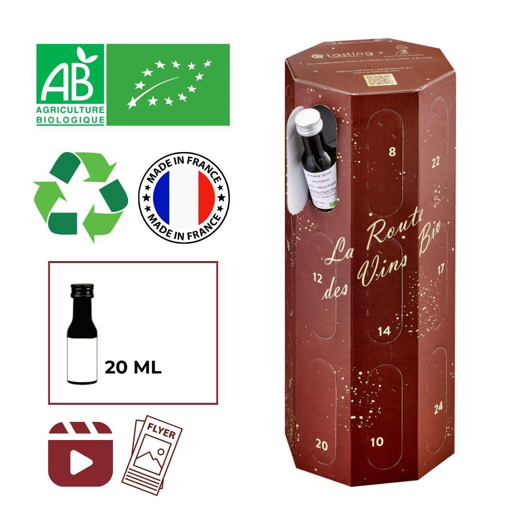 Calendario de Adviento de Vinos Ecológicos “La Ruta de los Vinos Eco” – Con el mejor sumiller de Europa – 24 muestras de 20 ml – Cata y regalo para hombres y mujeres