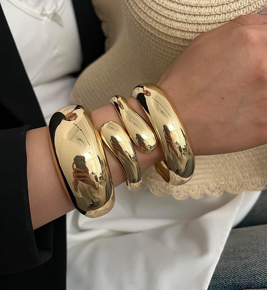 Chunky Gold Bangle Bracelets for Women, Dainty 14k Gold Plated Big Stackable Bangles Set, Trendy Statement Cuff Bracelet Stack Fashion Jewelry Christmas Gifts - Image 5