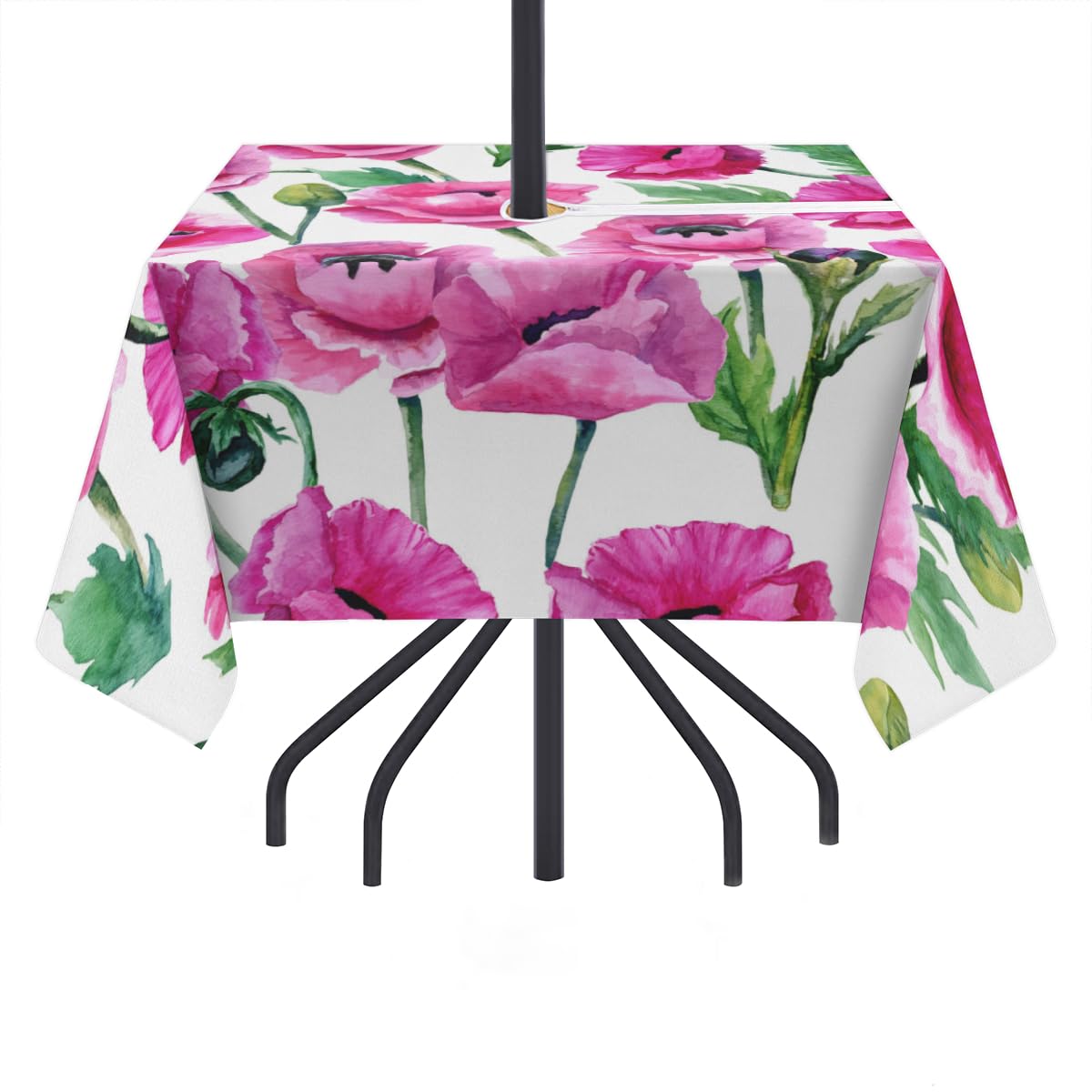 QsirBC Poppy Buds Outdoor Tablecloth with Umbrella Hole and Zipper Wrinkle-Free Stain Resistant Washable Square Tablecloth for Patio Garden Picnic Camping 60 X 80 Inch