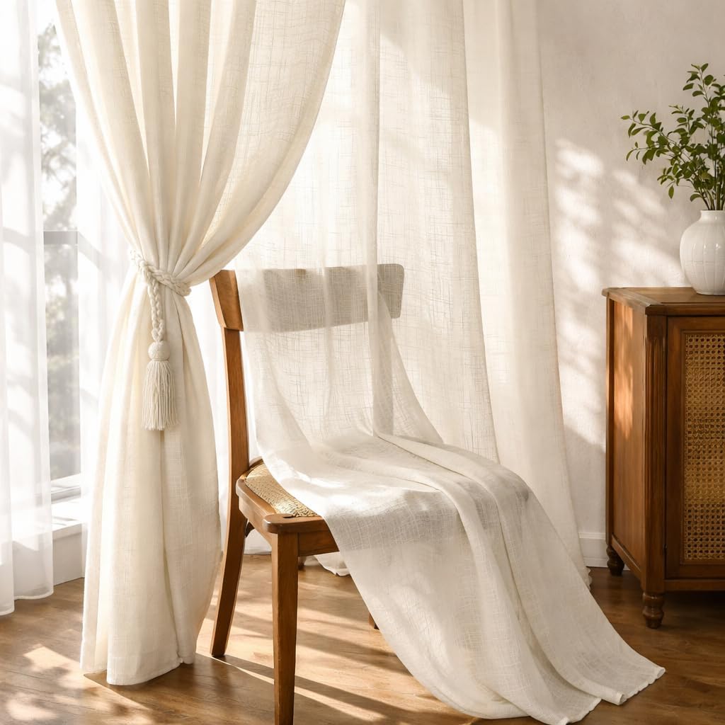 THE LINEN COMPANY Cotton Linen Sheer Window Curtains with Rod Pocket, Semi Transparent Light Filtering Drapes for Living Room & Bedroom, Natural, 5 Feet, Pack of 1