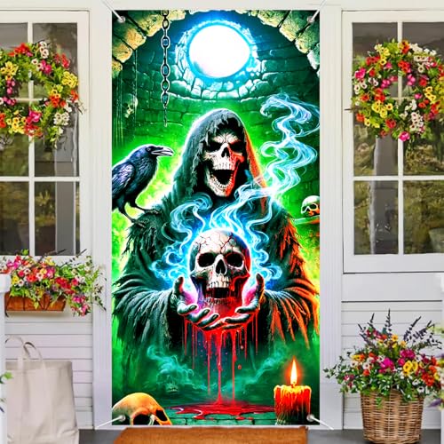 Image of BlissYard Halloween Door Cover Skull Skeleton 35x71 Inch Polyester | Door Banner, Wall Hanging | Skeleton Entry Decor, Skull Party Backdrop | Porch, Hallway, Photo Area (Gothic Art)