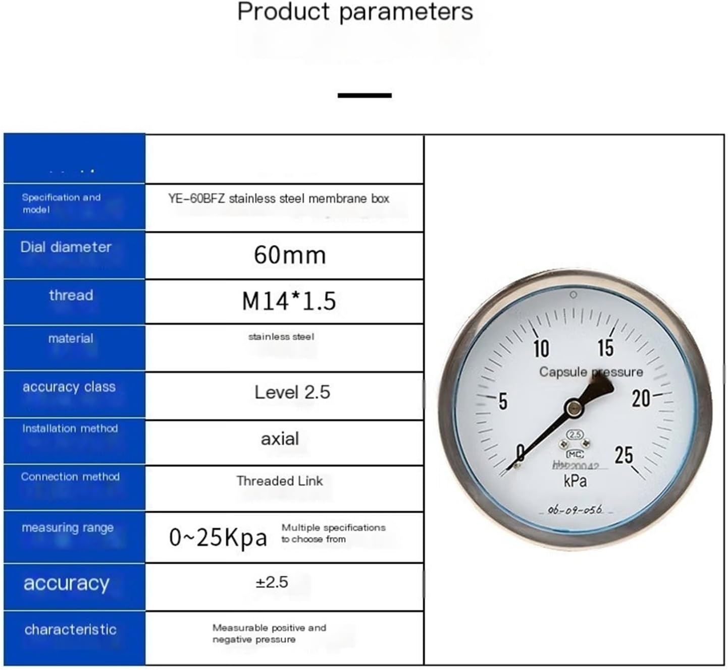 YE-60BFZ/100BFZ Stainless Steel Diaphragm Pressure Gauge Micro Pressure Gauge kPa Gauge barometric Pressure Gauge dial 10 cm M20*1.5 Thread(0-40kpa)