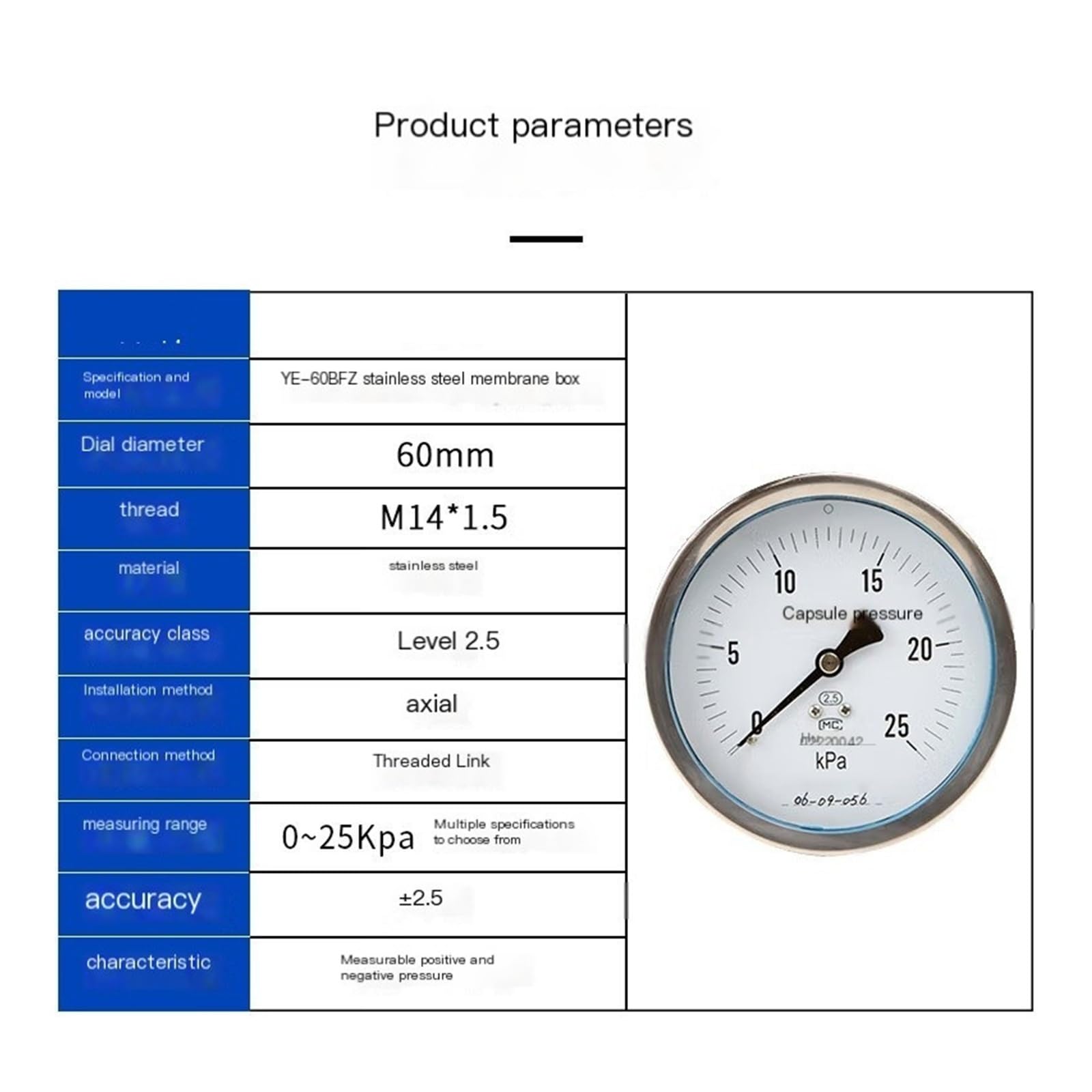 YE-60BFZ/100BFZ Membran-Manometer aus Edelstahl, Mikro-Manometer, kPa-Manometer, barometrisches Manometer, Zifferblatt 10 cm, Gewinde M20 x 1,5 (0–25 kPa)