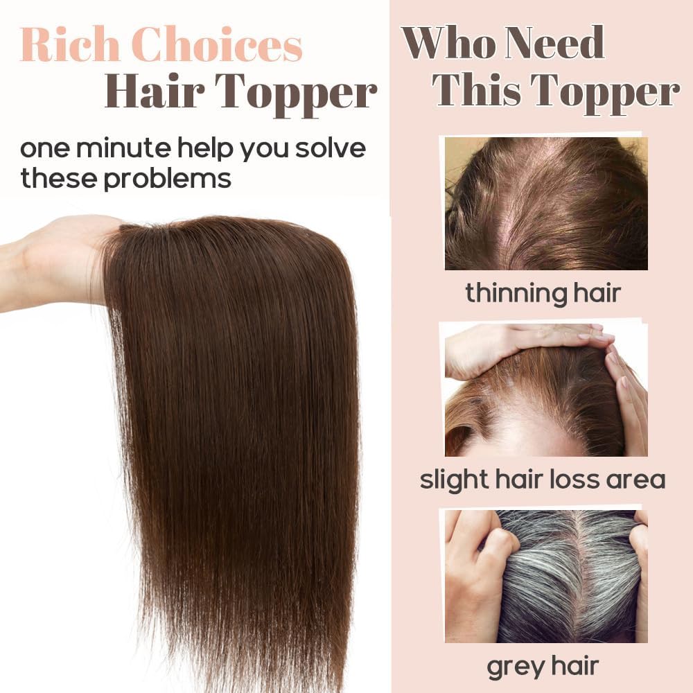 Rich Choices Hair Toppers for Women Real Human Hair Remy Hairs Toppers No Bang Hairpieces for Women with Thinning Crown Wispy Clip in Topper 12 Inch No Bang-#2R Chocolate Brown