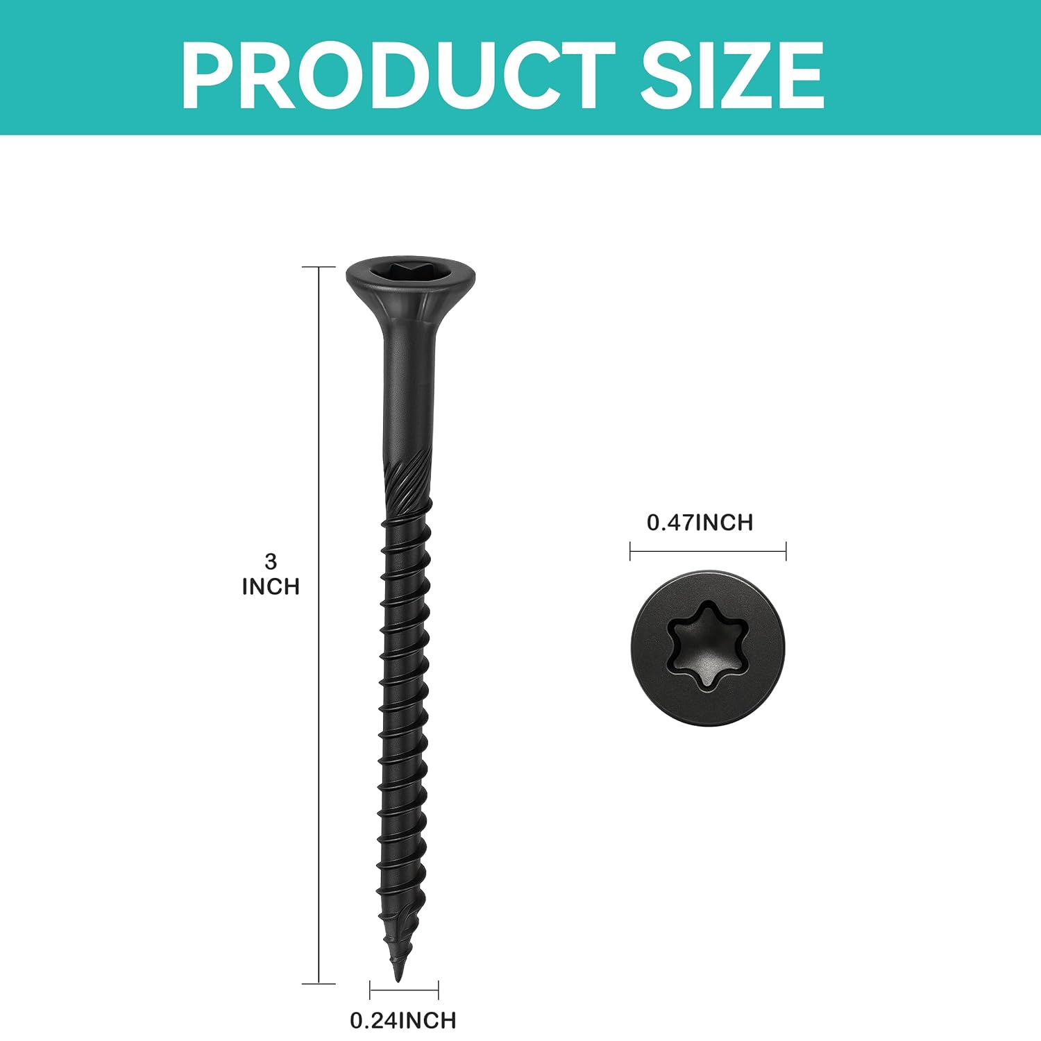 Wood Screws Black Torx Star Drive #14 × 3 inch Deck Screws Flat Head Countersunk T30 Self Tapping Thread Cut 5LB M6 × 75 Carbon Steel Galvanized with Magnetic Ring (200PCS, Big Box Black)