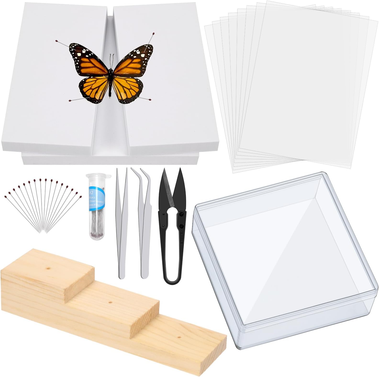 Mardatt Making Insect Specimen Tools Kit, Insect Pinning Kit with Insect Pinning Block, Insect Pinning Board, Insect Pins, Wings Pressing Paper, Insect Display Case, Tweezers, Scissors