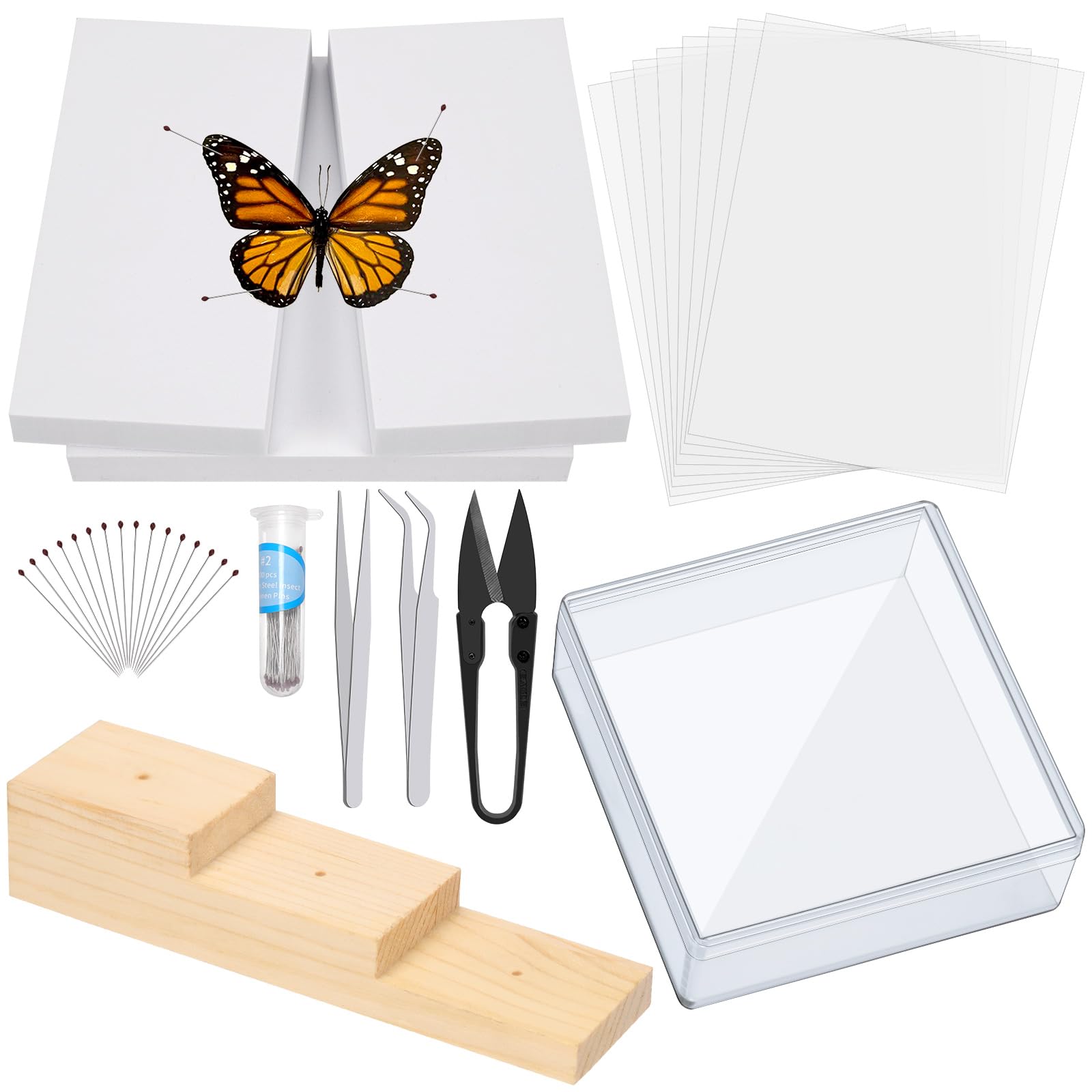 Mardatt 15Pcs Making Insect Specimen Tools Kit, Insect Pinning Kit with Insect Pinning Block, Insect Pinning Board, Insect Pins, Wings Pressing Paper, Insect Display Case, Tweezers, Scissors