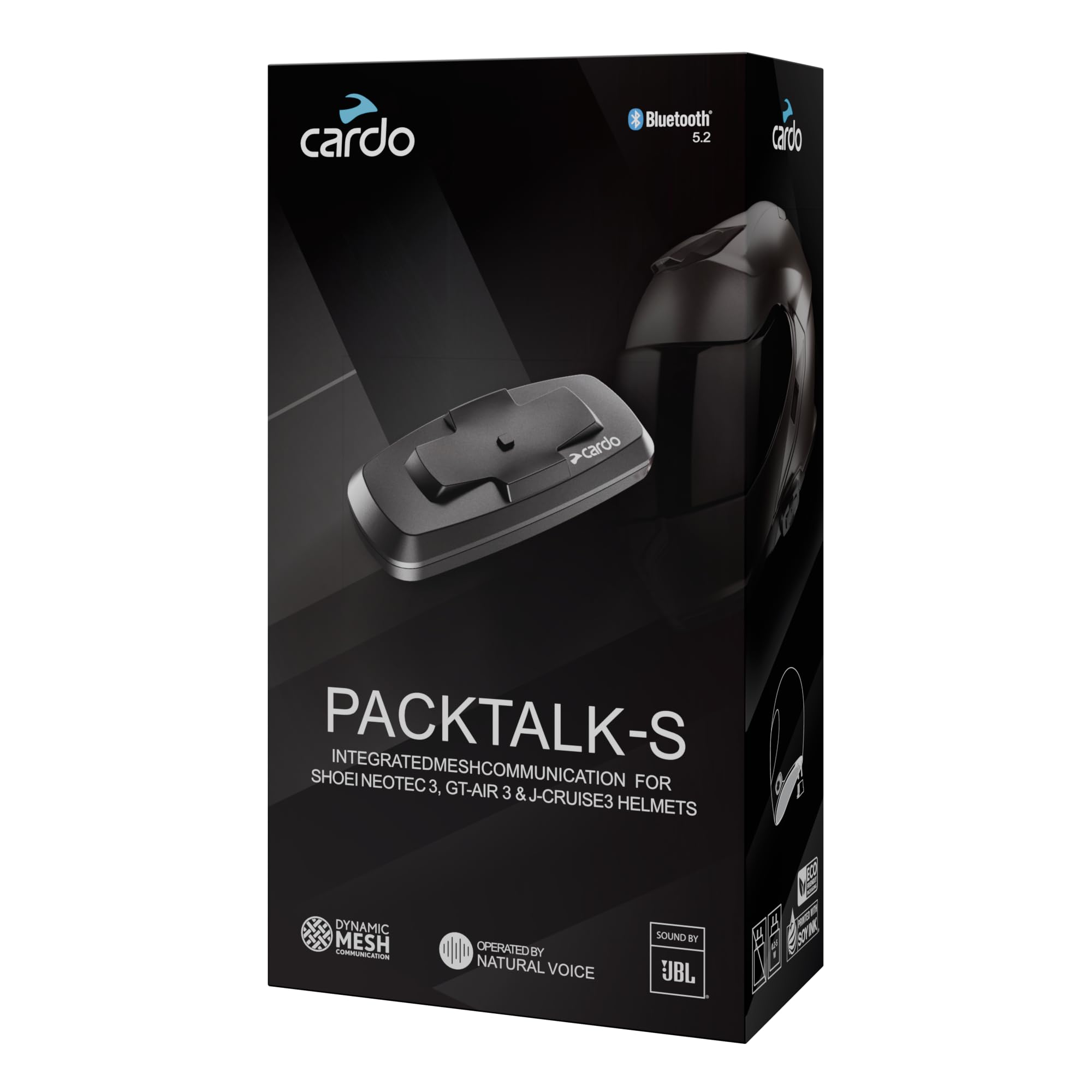 Cardo Soluzione integrata compatibile con i caschi Shoei di terza generazione (GT-​Air 3, NEOTEC 3 e J-​Cruise 3). Include le funzioni di Packtalk.