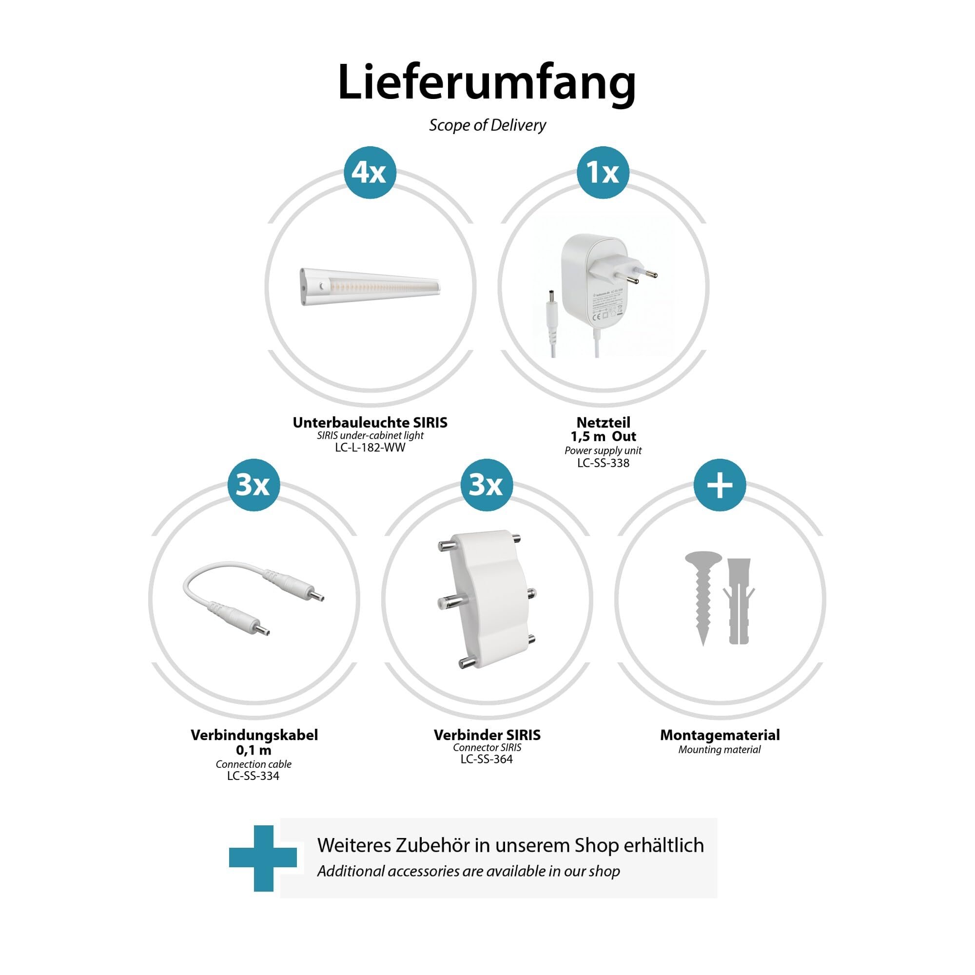ledscom.de LED Unterbau-Leuchte SIRIS weiß matt, flach, 30cm, je 368lm, warm-weiß, 4er Set