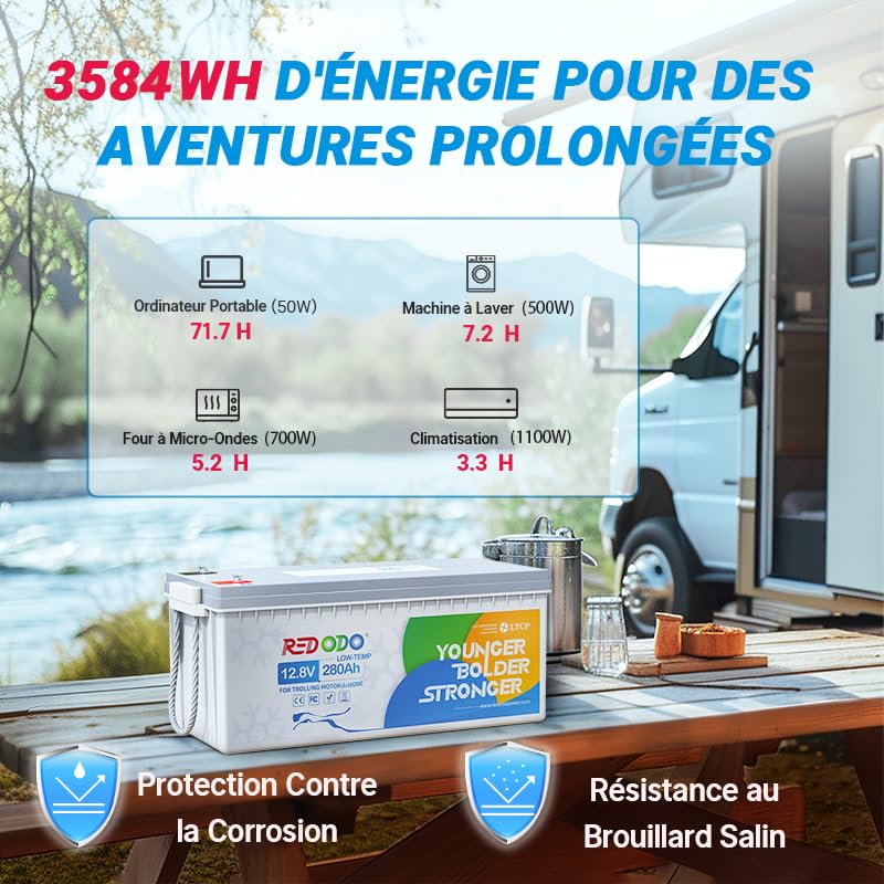 Redodo 12V 280Ah(1 Pack) LiFePO4 Batterie avec Low-Temp Protection 3584Wh Batterie Lithium Intégré 200A BMS Parfait pour Systèmes Solaires Bateaux Stockage d'Energie à la Maison Camping-Cars