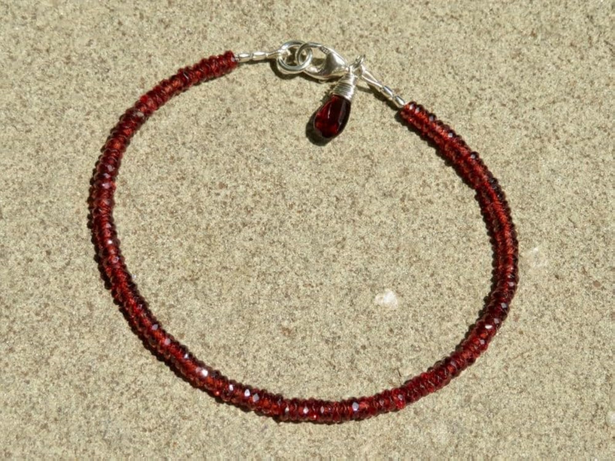 Garnet Tyre Beaded Bracelet with Faceted Red Stones, Adjustable
