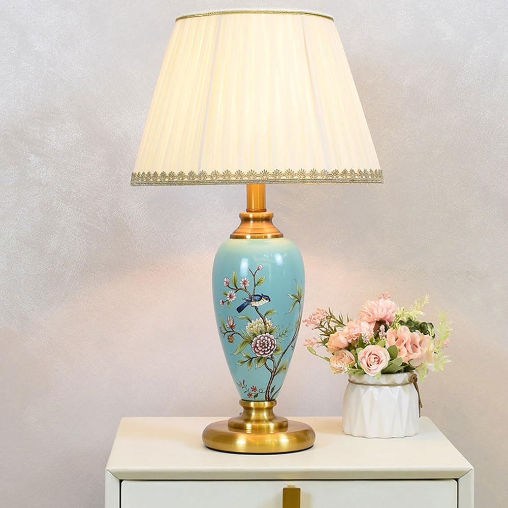 asdchZen 22.5 Inch Table Lamp, Ceramic Nightstand Lamps With Push Button Switch, Bedside Lamp With E26 Base & Fabric Lampshade, Modern Table Tall Lamps For Bedroom Living Room Ent,A
