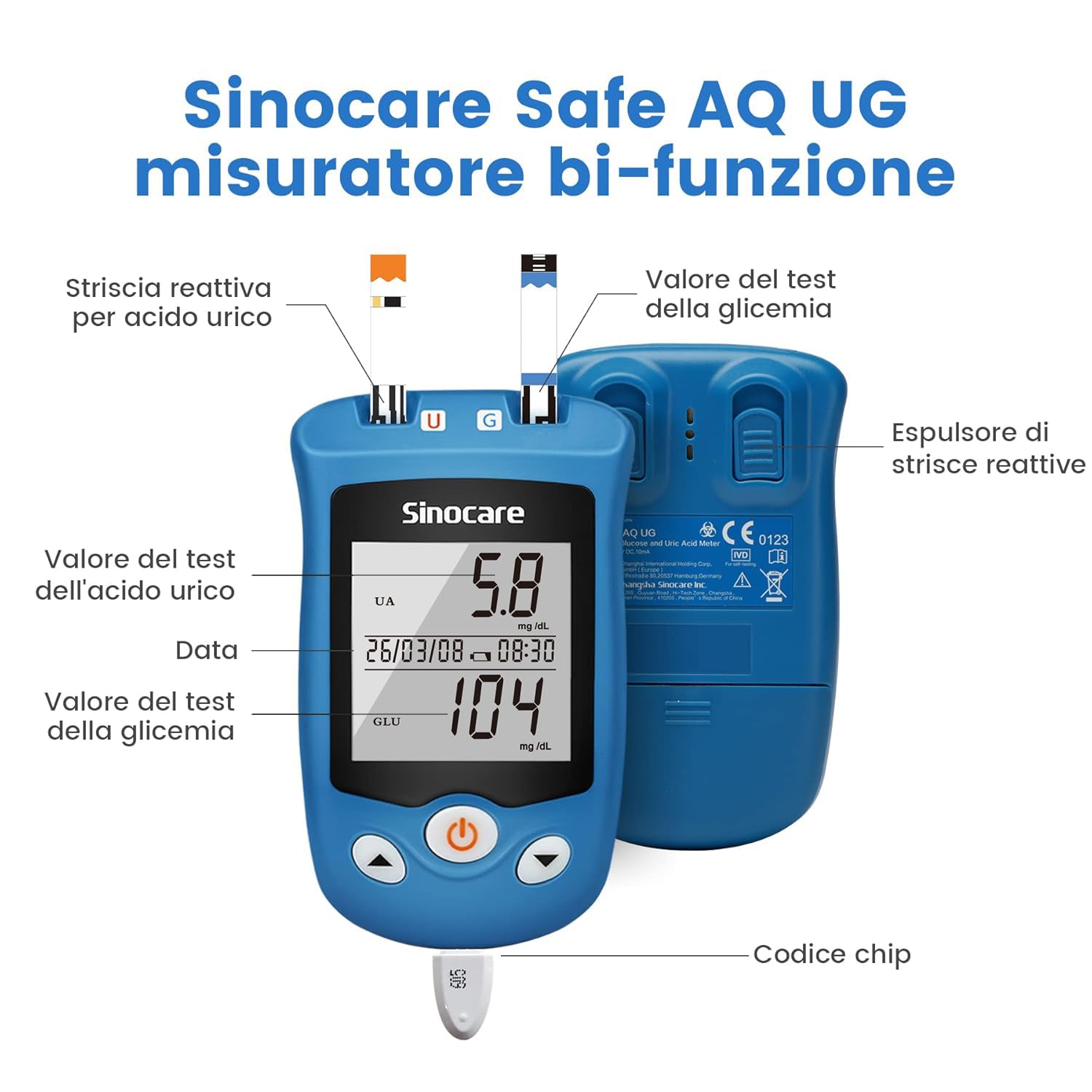 Sinocare Misuratore di Glicemia e Acido Urico, Safe AQ UG Multifunzione 2 in 1 Kit di Monitoraggio Accurati Test a casa, con 50 Strisce Reattive per il Glucosio e 50 Strisce per l'Acido Urico -mg/dL
