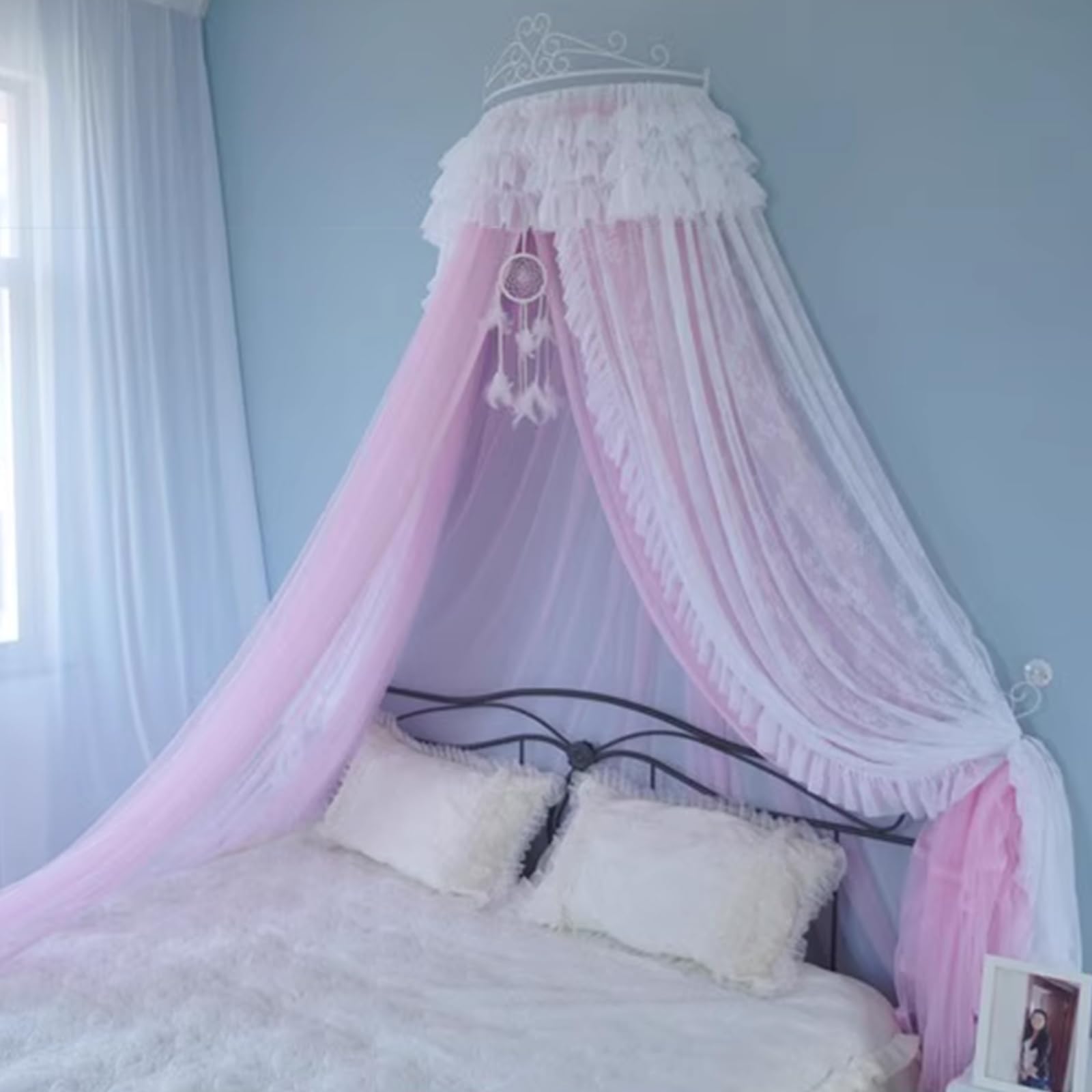 GJMSSMY Lace Bed Canopy, Wall Metal Crown Princess Bed Curtain Court Mosquito Net with Decorative Drapery, Double Layer Netting Reading Nook Canopies for Bedroom