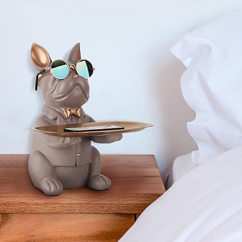 Miniatura 8 de suruim Regalos de bulldog francés, bandeja para llaves, bandeja para caramelos, decoración del hogar, estatua de mayordomo de resina, cuenco para