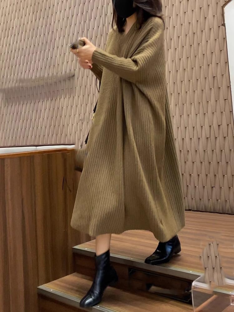 Knitted Dress for Women in Autumn and Winter Thickened Loose Lazy Style Sleeve Long Sweater Bottoming Skirt