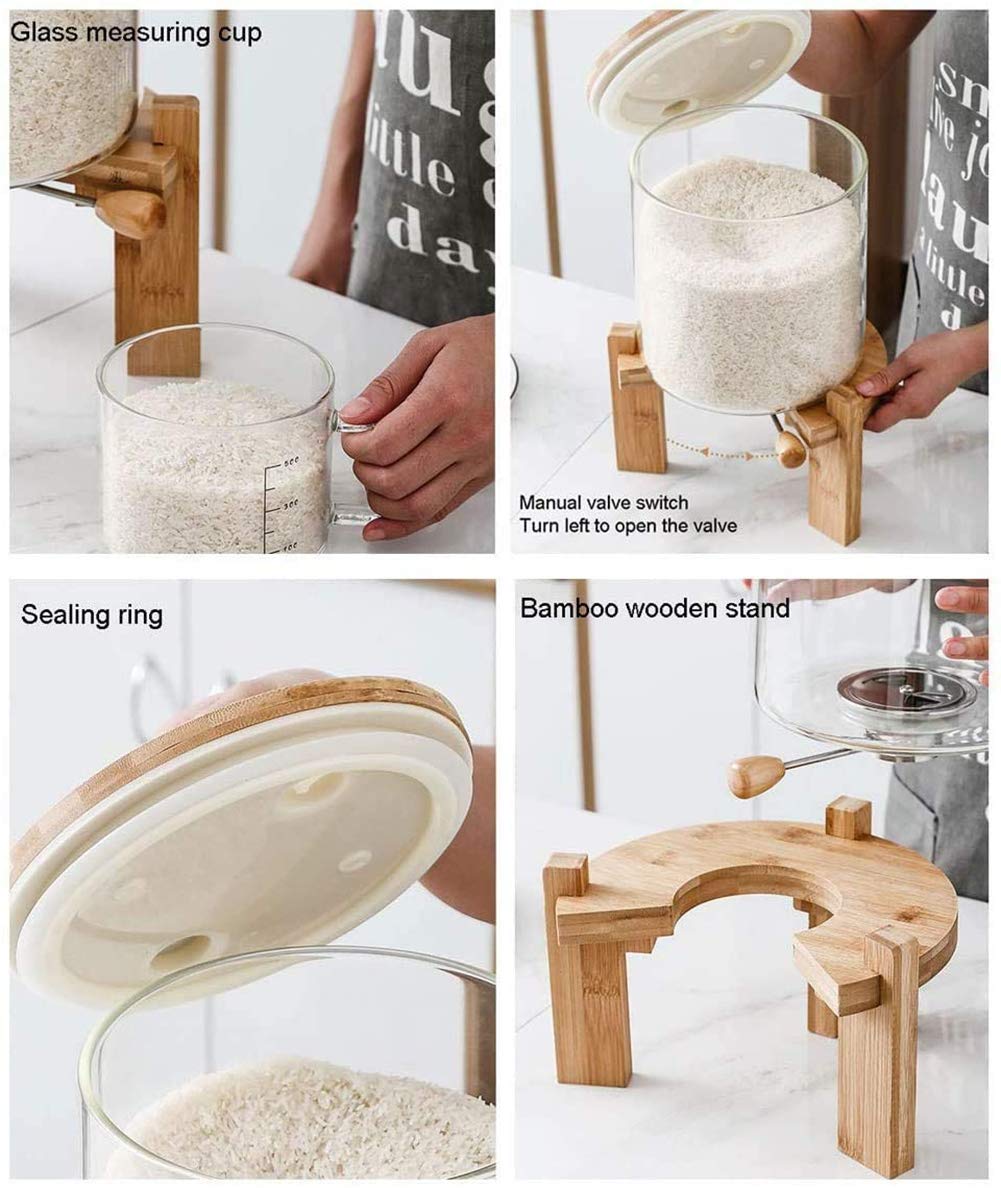 Dispenser per alimenti secchi con contenitori ermetici per cereali, riso, noci e fagioli, con coperchio e supporto in legno