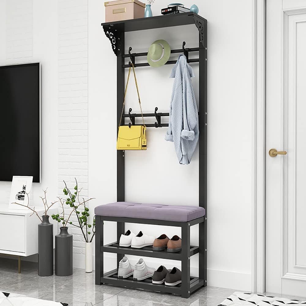 MYUYEE Metal Shoe Rack Shoe Rack With Seat Coat Rack Clothes Rack Upholstered Bench For The Entrance Area For Entrance Area Hallway Living Room(C-60Cm)