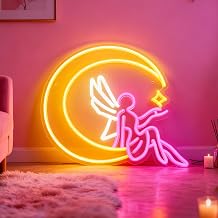 Fairy and Moon LED Neon Sign - USB Powered Wall Table Decor for Bedroom Nursery Living Room Girls Birthday Fairy Tale Party, Yellow Pink Decorative Neon Light Aesthetic Accent 16.9 x 12.6 in