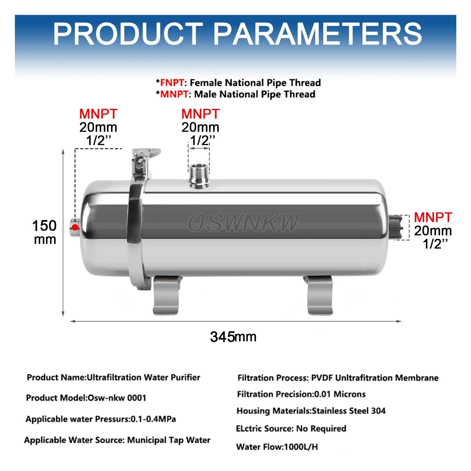 PVDF Water Purifier Whole House Ultration Filter 0.01um Filters 1000L/H SUS304 Drinkable